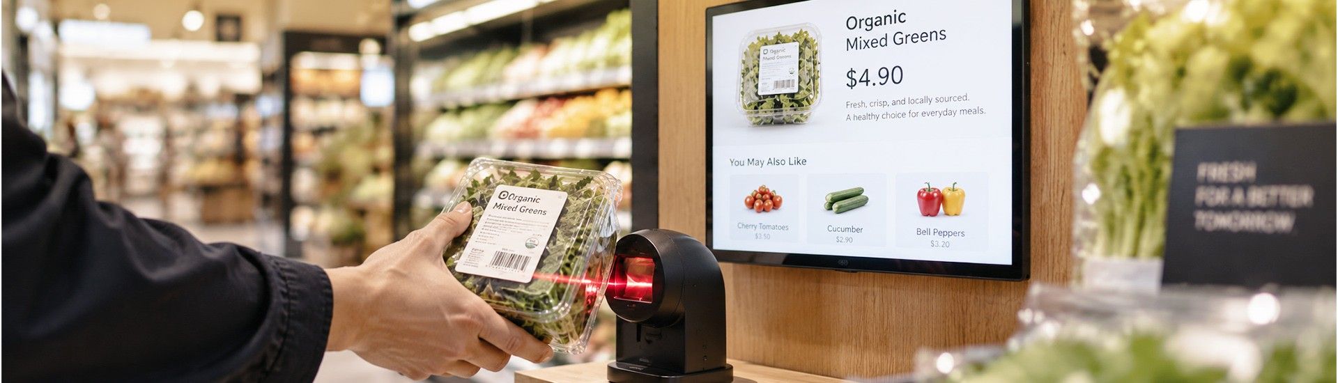 A shopper scanning a barcode on packaged organic mixed greens while a wall mounted screen shows the price, a description and a You May Also Like row of recommended products