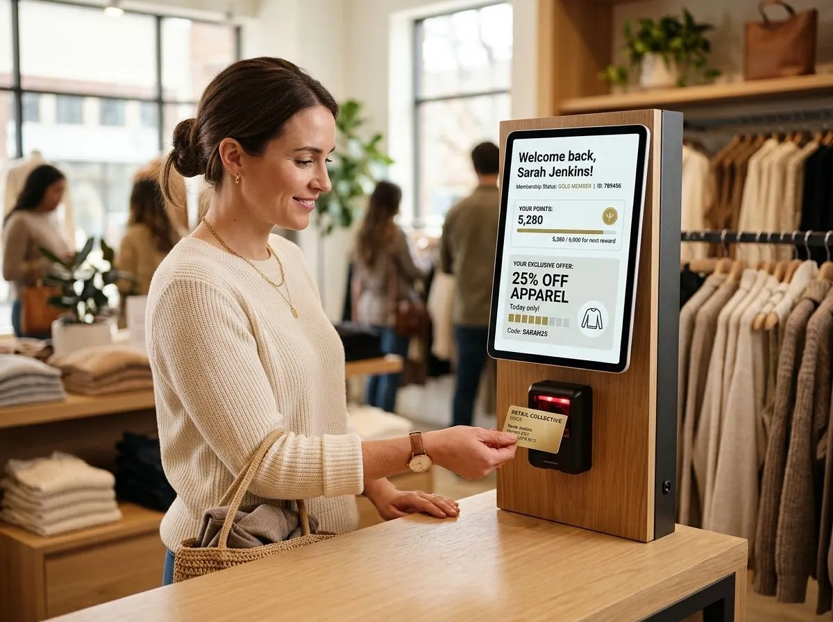 A shopper scanning a membership card at a checkout screen showing a personal welcome message and a loyalty discount