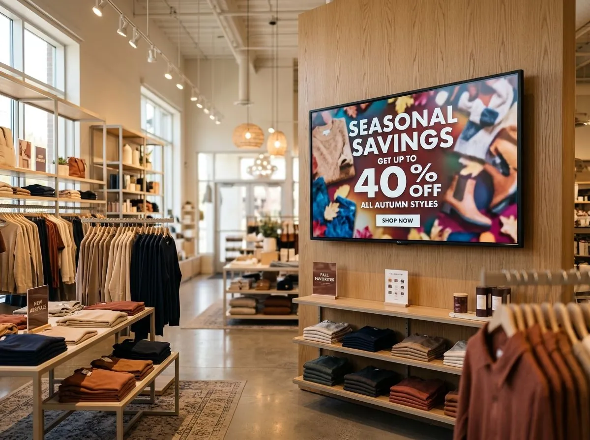A wall mounted screen in a clothing store showing a seasonal sale campaign while nobody is at the scanner