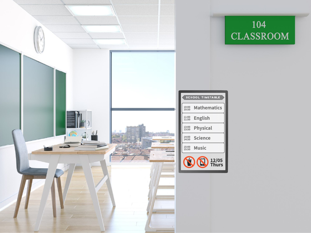 ePaper notice boards and room signs across a university campus