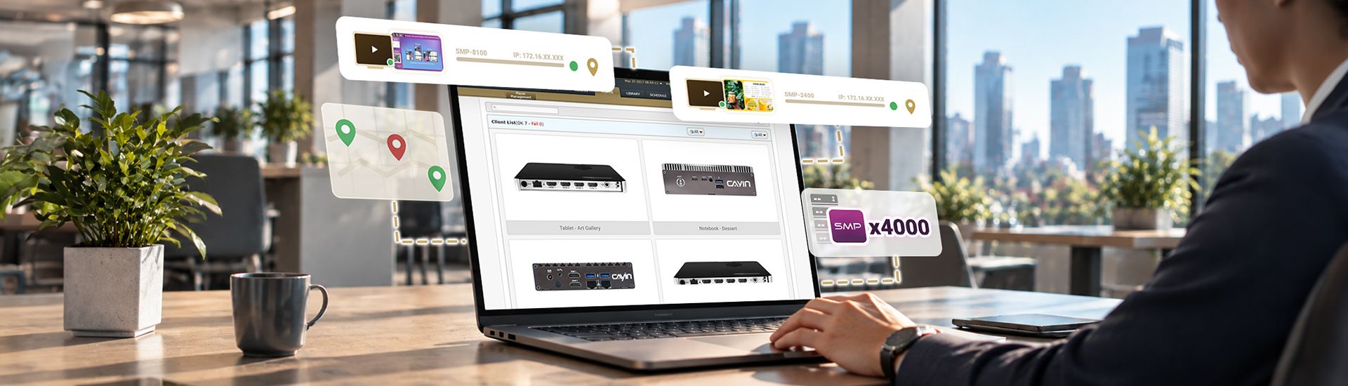 CAYIN CMS server managing SMP digital signage players from a laptop