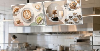ePaper menu boards in a cafe store, paired and updated with IEI and CAYIN software